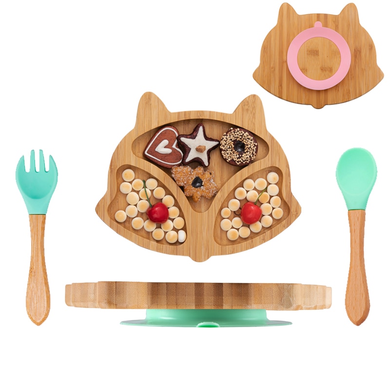 Bamboo Baby Feeding Bowl Spoon Fork Fox Pattern Food Tableware Kids Wooden Training Plate Silicone Suction Cup Removable Baby